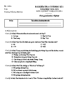 Bài kiểm tra Cuối học kỳ I môn Lịch sử và Địa lí Lớp 4 - Năm học 2020-2021 - Trường Tiểu học Hải Lộc (Có đáp án)